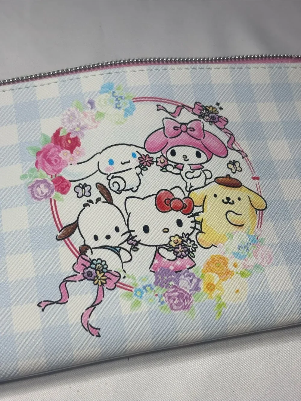 New Hello Kitty Sanrio Pastel Blue Gingham Zip Wallet with Characters